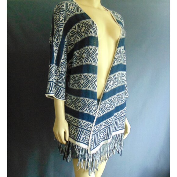 Velvet by Graham & Spencer Navy White Cotton Linen Fringed Open Kimono Jacket M - Picture 2 of 9